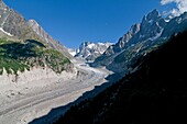 Chamonix, The Mer de Glace Glacier near Montenvers with the Aiguille des Charmos and the Grandes Jorasses in the background high above the city of Chamonix France