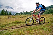 Elijah Weber mountain biking at Les Grands Montets on Le Lavancher Trail above the towns of Argentiere and Chamonix France
