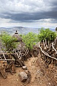 Traditional Konso village on a mountain ridge overlooking the rift valley The Konso are living in tradtional villages with compunds for each family The compounds are connected by a maze of stone walled and fenced pathways  The Konso, a tribe of the Ethi