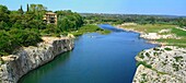 View of river Gard from Pont du Gard, Roman Aqueduct 19 BC, UNESCO World Heritage Site, Languedoc-Roussillon, France