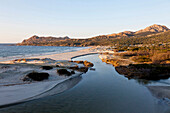 Bay at the mouth of the Ostriconi River at sunset, East coast of Corsica, Desert des Agriates, Corsica, France