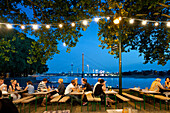 People at beer garden Rheinterrassen, Rhine, Düsseldorf, Duesseldorf, North Rhine-Westphalia, Germany, Europe