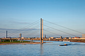 River Rhine and Rheinknie Bridge, view towards the city, Düsseldorf, Duesseldorf, North Rhine-Westphalia, Germany, Europe