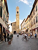 Tuscany, Italy Hill town of Montalcino, home of Brunello di Montalcino wine Across Piazza del Popolo to the Palazzo Comunale