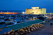 Cyprus, Paphos, Castle & Harbour Restaurants at Night, Paphos, South Cyprus, Cyprus