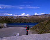 Hiker at Lower Tama Lake, Tongariro National Park, North Island, New Zealand