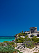 View to the Temple of the Wind and and the ocean, Tulum, Quintana Roo, Mexico