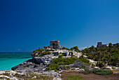 View to the Temple of the Wind and the ocean, Tulum, Quintana Roo, Mexico