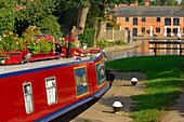 Narrow boat moored on Grand Union Canal, Market Harborough, Leicestershire, UK - England