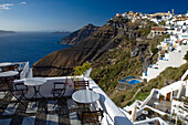Sea and clifftop town from terrace, Fira, Santorini Island, Greek Islands