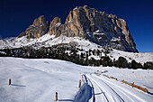 Sasso Lungo from snow covered Malga di Sella, Selva - near, Italian Dolomites, Italy