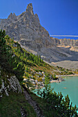 Lake Sorapis with Dito di Dio mountain, Sorapis Mountains, Italian Dolomites, Italy