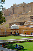 A garden under the walls of Amber Fort, Jaipur, Rajasthan, India