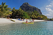 Beach and Le Morne Brabant mountain in the sunlight, Beachcomber Hotel Paradis &amp;amp;amp; Golf Club, Mauritius, Africa