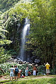 People in front of a waterfall at Anse des Cascade in Bois-Blanc, La Reunion, Indian Ocean