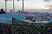 View from rooftop terrace of the 236 Hurumzi hotel in the evening, Stonetown, Zanzibar City, Zanzibar, Tanzania, Africa