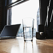 Glass of Water and Laptop on a Desk, Seattle, Washington, USA