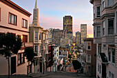 Houses along steep street in the evening, Streets of San Francisco, California, USA, America