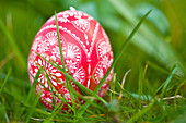 Gekratztes rotes Osterei im Gras, Ostern, Frühling