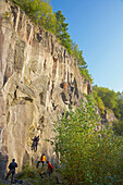 Climbers at Ettringer Lay, Vulkaneifel, Eifel, Rhineland-Palatinate, Germany, Europe