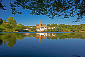 Ulmen with Ulmener Maar, Reflexion, Eifel, Rhineland-Palatinate, Germany, Europe