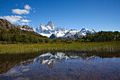 Mt. Fitz Roy spiegelt sich in einem kleinen See, Nationalpark Los Glaciares, bei El Chalten, Patagonien, Argentinien