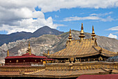 Roofs of Jokhang Buddhistic Monastery, national sancturary in the historic part of the town of Lhasa, Transhimalaya mountains, Tibet Autonomous Region, People's Republic of China