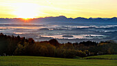 View from Hoher Peissenberg onto scenery at sunrise, Upper Bavaria, Germany, Europe
