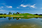 Farm house and Hegratsried chapel at lake Hegratsrieder See, Rural district of Fuessen, Allgaeu, Bavaria, Germany, Europa