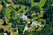 Aerial view of Linderhof Castle, Graswangtal, Upper Bavaria, Germany, Europe