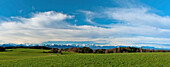 View from Degerndorf at Fuenfseenland onto the alps, the Karwendel, Wetterstein mountains and Allgaeuer mountains, Upper Bavaria, Germany, Europe