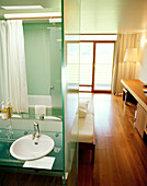 Bathroom and room, Hotel Post Bezau, Bregenz, Vorarlberg, Austria