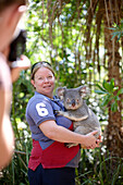 Tourist holding a koala at Bungalow Bay Koala Village, Horseshoe Bay, northcoast of Magnetic island, Great Barrier Reef Marine Park, UNESCO World Heritage Site, Queensland, Australia