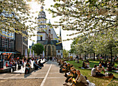 Blühende Kirschbäume und Menschen vor der Thomaskirche, Leipzig, Sachsen, Deutschland, Europa