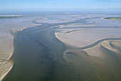 Aerial shot of the Wadden Sea, North Frisian Islands, North Frisia, Schleswig-Holstein, Germany