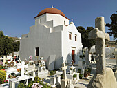 Cemetery in Chora, main town on the island of Mykonos, part of the Cyclades in the Aegean Sea, Greece