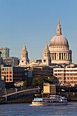 River Thames looking towards St Pauls Cathedral and Blackfriars Bridge, London, England, UK