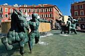 Fountain at Place Massena, Nice, Nizza, Cote d'Azur, Alpes Maritimes, Provence, France, Europe