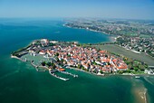 Aerial view from an airship dirigible Zeppelin NT of Lindau Insel and Constance lake (Bodensee), Bavaria, Germany