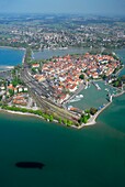 Aerial view from an airship dirigible Zeppelin NT of Lindau Insel and Constance lake (Bodensee), Bavaria, Germany