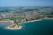 Aerial view from an airship dirigible Zeppelin NT of Constance lake (Bodensee) coastline near Wasserburg, Bavaria, Germany