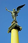 Czech Republic, Prague, Prague City Art Noveau sculpture located on the Cech bridge spanning across the river Vltava