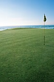 Golf putting green with flag in hole with ocean in background