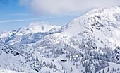 Schneibsteinhaus and Torrener Joch pass 1733m in winter viewed from Jenner, Berchtesgaden national park, Germany