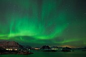 Northern lights shine above mountain peaks of Lofoten Islands, Looking north from Stamsund, Vestvågøy, Norway