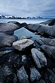 Rugged rocky coastline of Vestvågøy, Stamsund, Lofoten islands, Norway