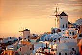 Oia Ia Santorini - Windmills and town at sunset, Greek Cyclades islands.