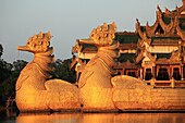 Myanmar, Burma, Yangon, Rangoon, Karaweik Hall, Kandawgyi Lake, landmark monument landscape scenery horizontal travel Asia