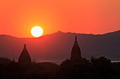 Myanmar, Burma, Bagan, sunset over the temples