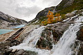 Ladder on the way to the Nigardsbreen, view of the glacier tongue, Autumn, Jostedalen, Nigardsbreen, Jostedalsbreen national park, Sogn og Fjordane, Norway, Scandinavia, europe